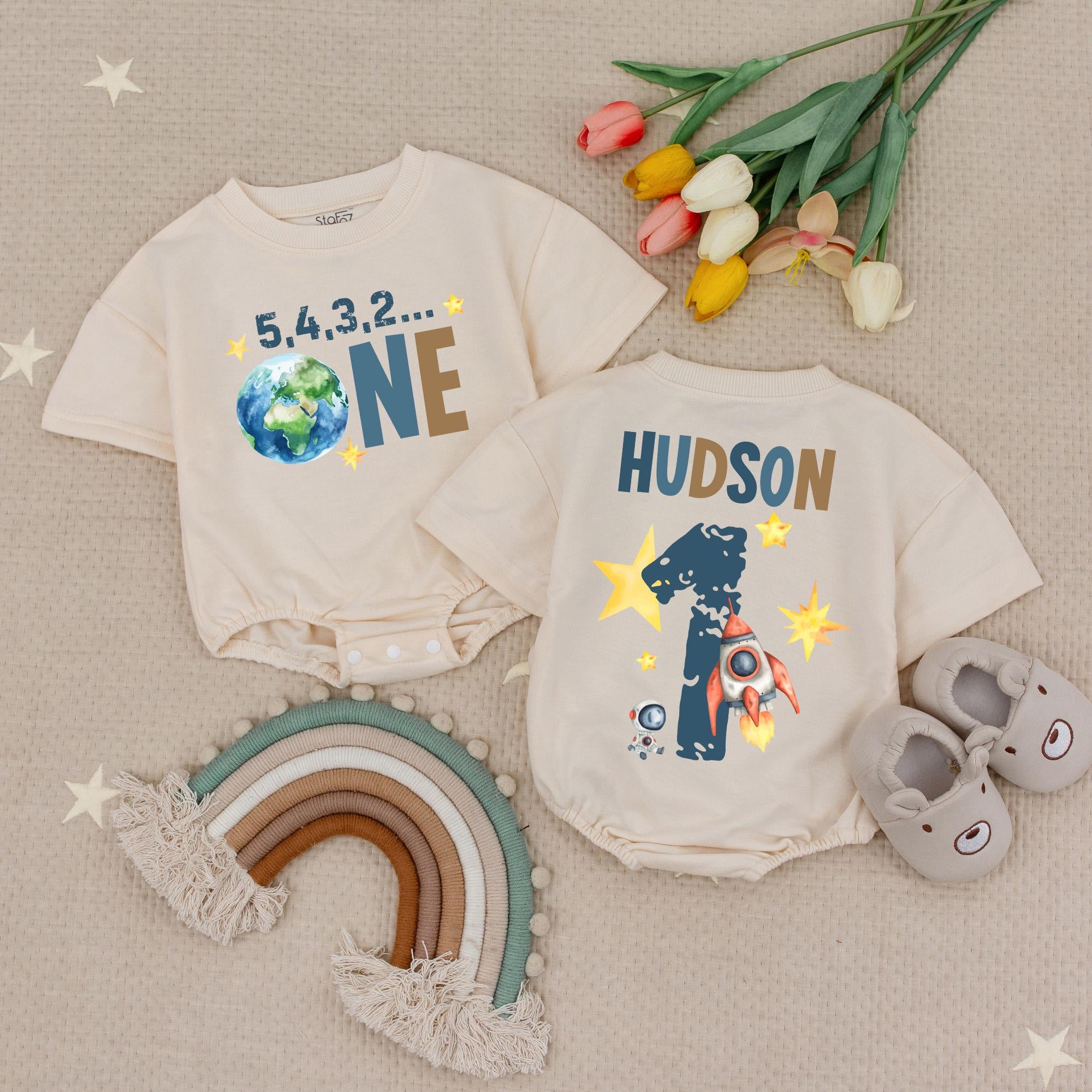 5, 4, 3, 2... ONE Outer Space Baby Romper with Custom Name, 1st Trip Around the Sun Birthday Outfit, Rocket & Planet Design