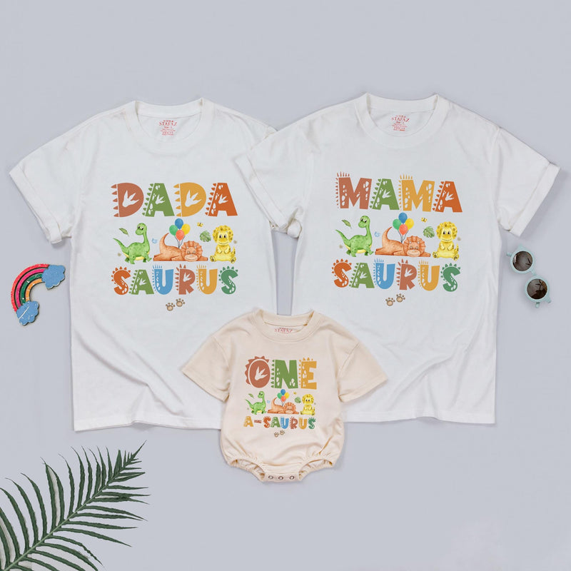 One A Saurus Dinosaur Romper for Baby First Birthday, Matching Family Shirts Dadasaurus Mamasaurus Custom Soft Cotton Outfit Gift