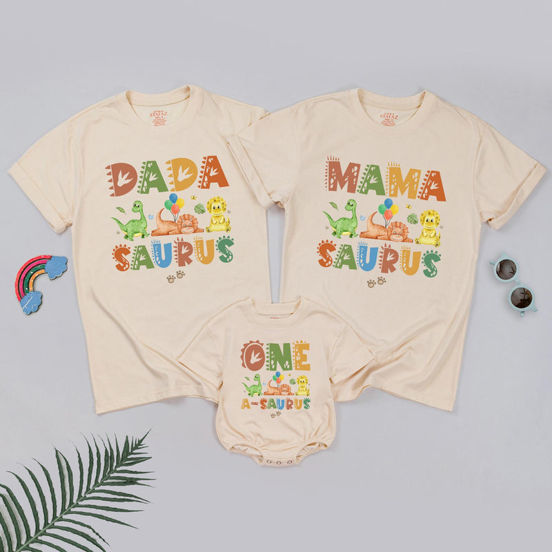 One A Saurus Dinosaur Romper for Baby First Birthday, Matching Family Shirts Dadasaurus Mamasaurus Custom Soft Cotton Outfit Gift