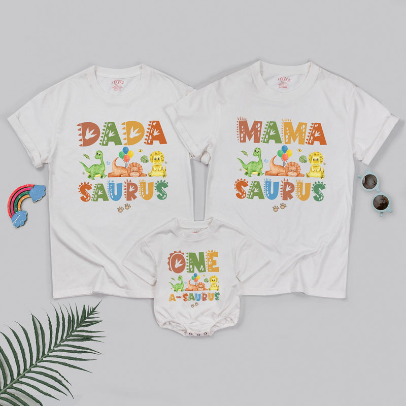 One A Saurus Dinosaur Romper for Baby First Birthday, Matching Family Shirts Dadasaurus Mamasaurus Custom Soft Cotton Outfit Gift