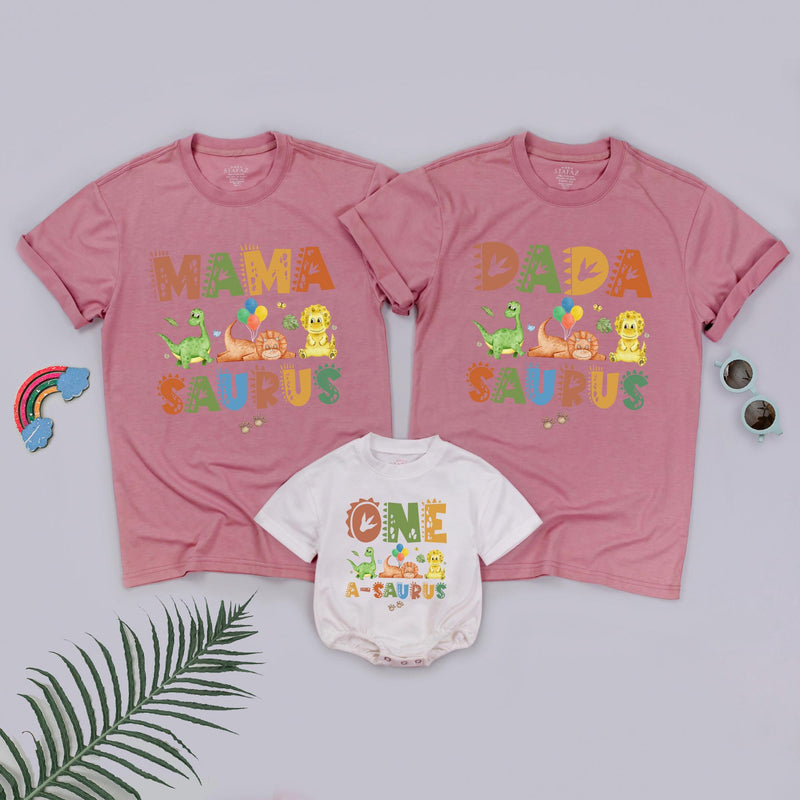One A Saurus Dinosaur Romper for Baby First Birthday, Matching Family Shirts Dadasaurus Mamasaurus Custom Soft Cotton Outfit Gift