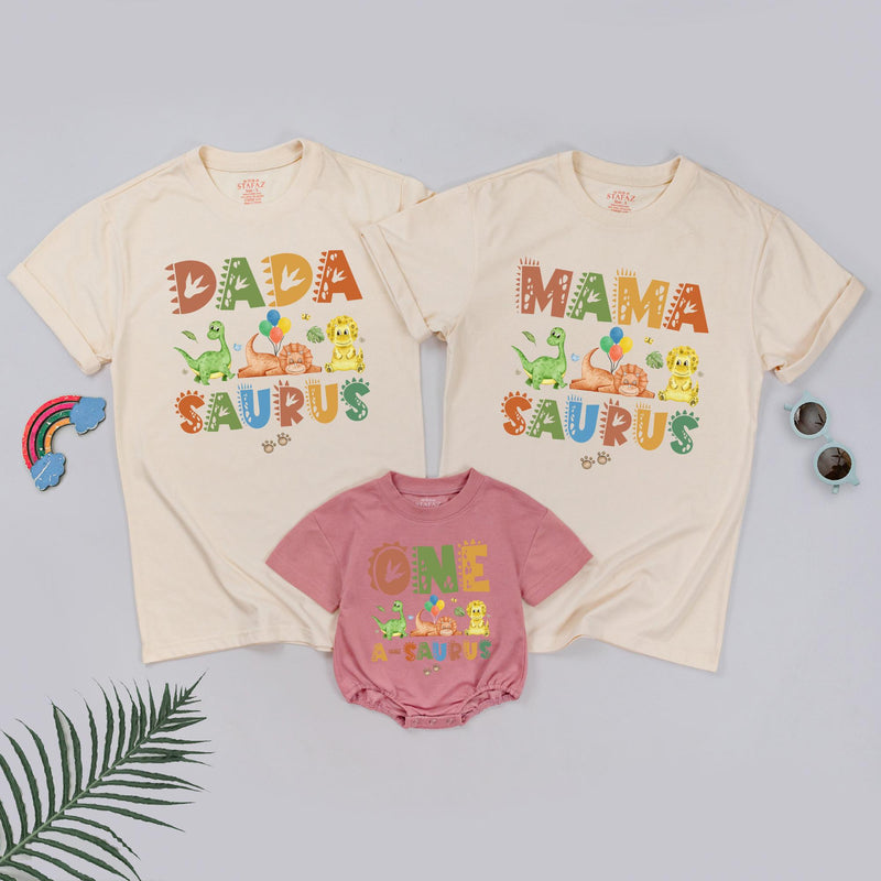 One A Saurus Dinosaur Romper for Baby First Birthday, Matching Family Shirts Dadasaurus Mamasaurus Custom Soft Cotton Outfit Gift