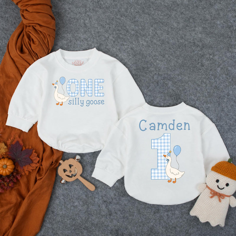 One Silly Goose Baby Romper with Gingham Goose Artwork, Custom Name and Age, First Birthday Outfit for Boys