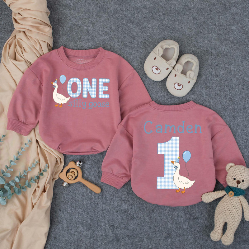 One Silly Goose Baby Romper with Gingham Goose Artwork, Custom Name and Age, First Birthday Outfit for Boys