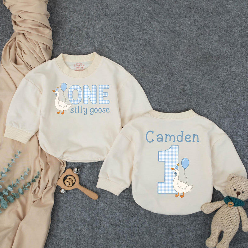 One Silly Goose Baby Romper with Gingham Goose Artwork, Custom Name and Age, First Birthday Outfit for Boys
