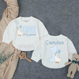 One Silly Goose Baby Romper with Gingham Goose Artwork, Custom Name and Age, First Birthday Outfit for Boys