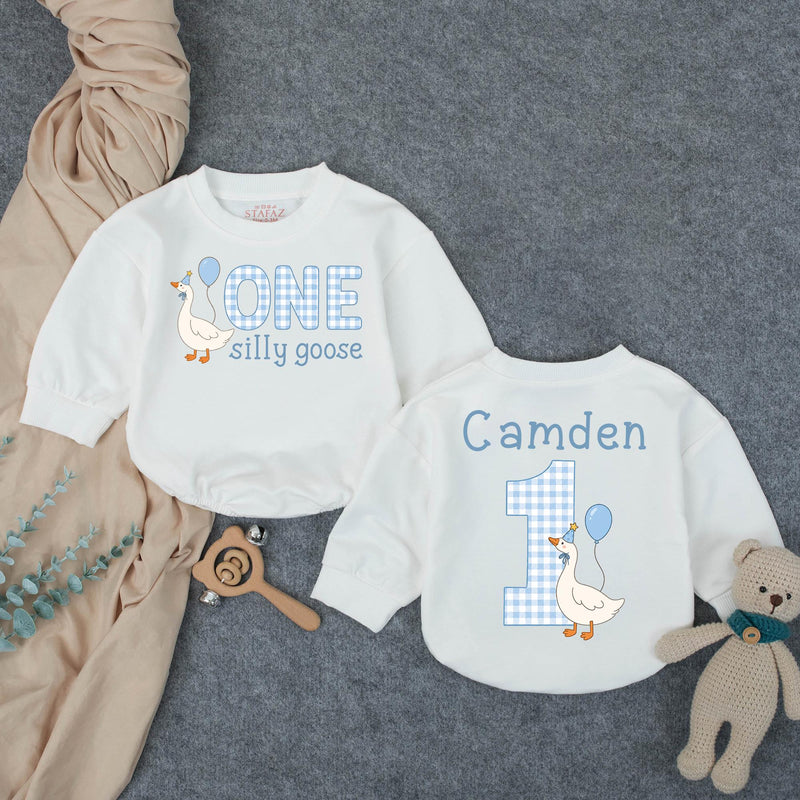One Silly Goose Baby Romper with Gingham Goose Artwork, Custom Name and Age, First Birthday Outfit for Boys