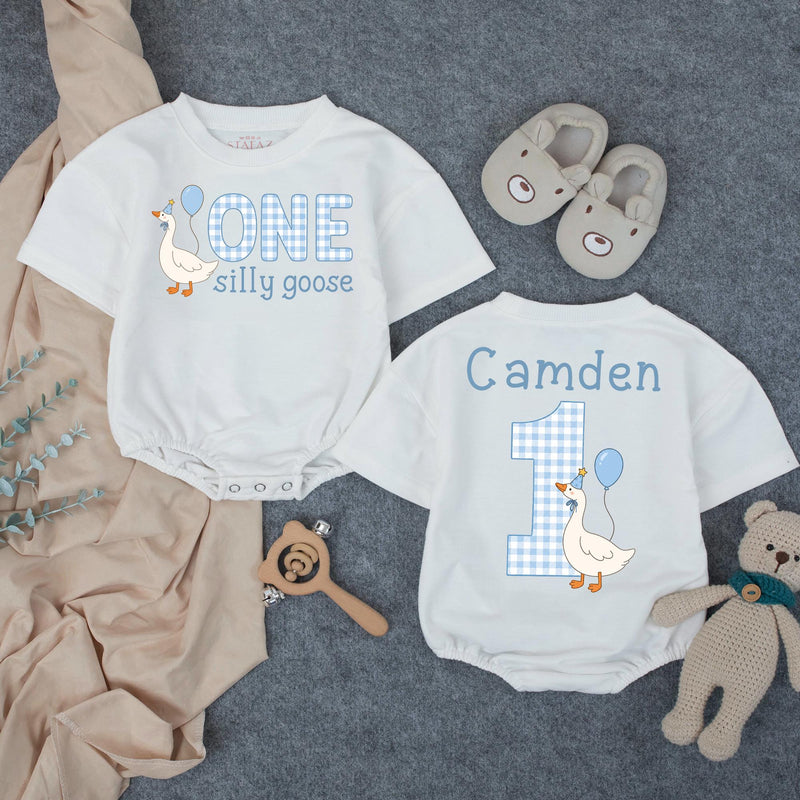 One Silly Goose Baby Romper with Gingham Goose Artwork, Custom Name and Age, First Birthday Outfit for Boys