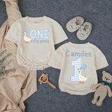 One Silly Goose Baby Romper with Gingham Goose Artwork, Custom Name and Age, First Birthday Outfit for Boys