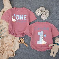 One Silly Goose Baby Romper with Gingham Goose Artwork, Custom Name and Age, First Birthday Outfit for Boys