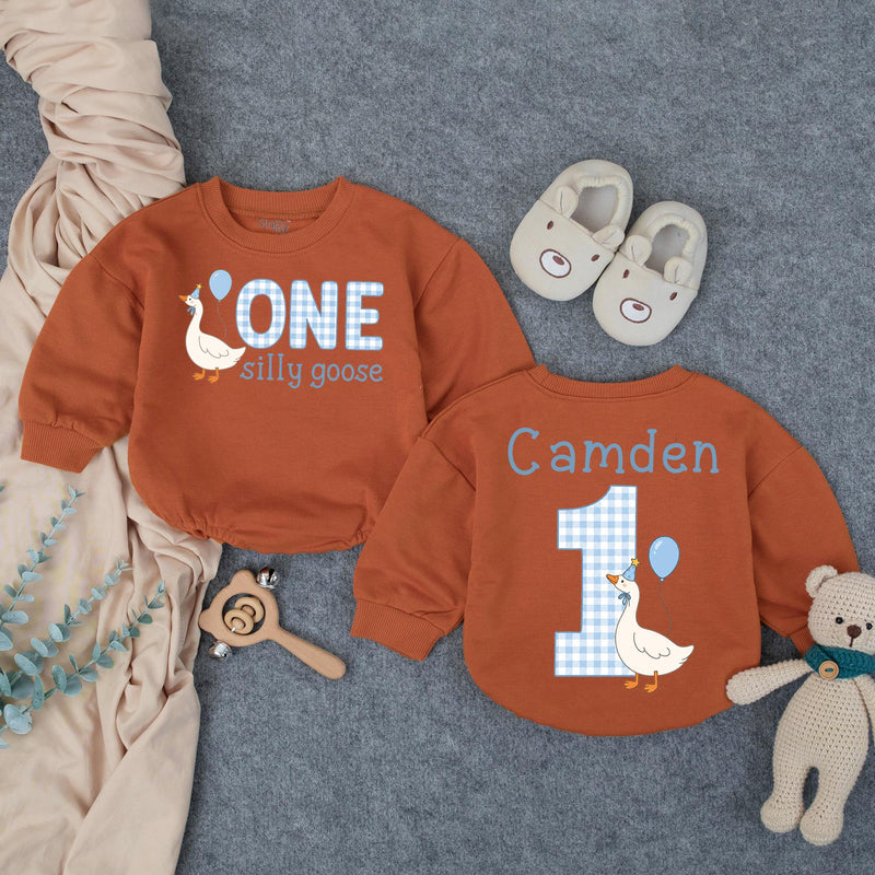 One Silly Goose Baby Romper with Gingham Goose Artwork, Custom Name and Age, First Birthday Outfit for Boys