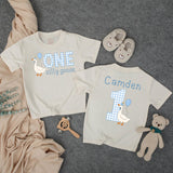 One Silly Goose Baby Romper with Gingham Goose Artwork, Custom Name and Age, First Birthday Outfit for Boys