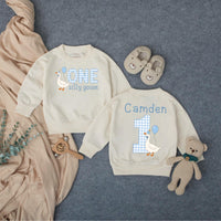 One Silly Goose Baby Romper with Gingham Goose Artwork, Custom Name and Age, First Birthday Outfit for Boys
