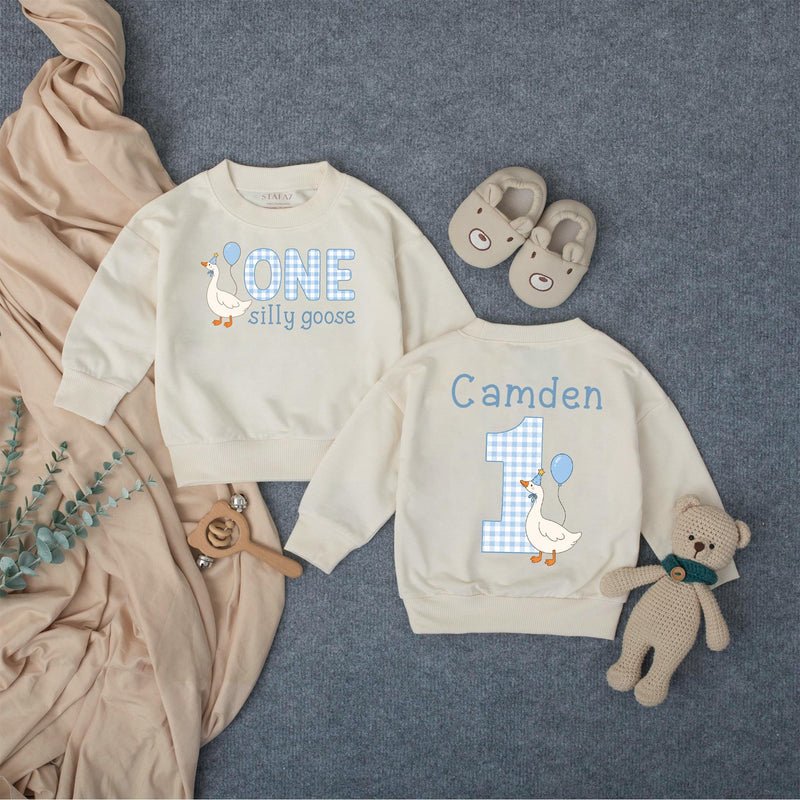 One Silly Goose Baby Romper with Gingham Goose Artwork, Custom Name and Age, First Birthday Outfit for Boys