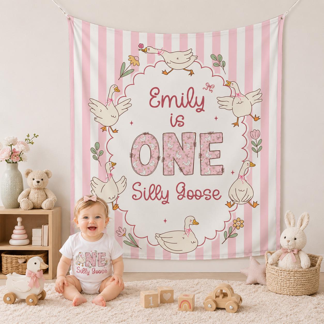 One Silly Goose Birthday Banner with Pastel Pink Floral Design Personalized First Birthday Party Backdrop for Baby or Toddler Celebration