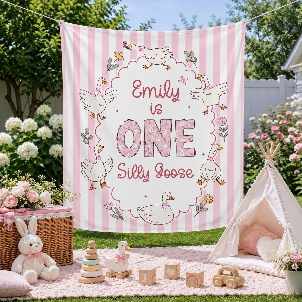One Silly Goose Birthday Banner with Pastel Pink Floral Design Personalized First Birthday Party Backdrop for Baby or Toddler Celebration