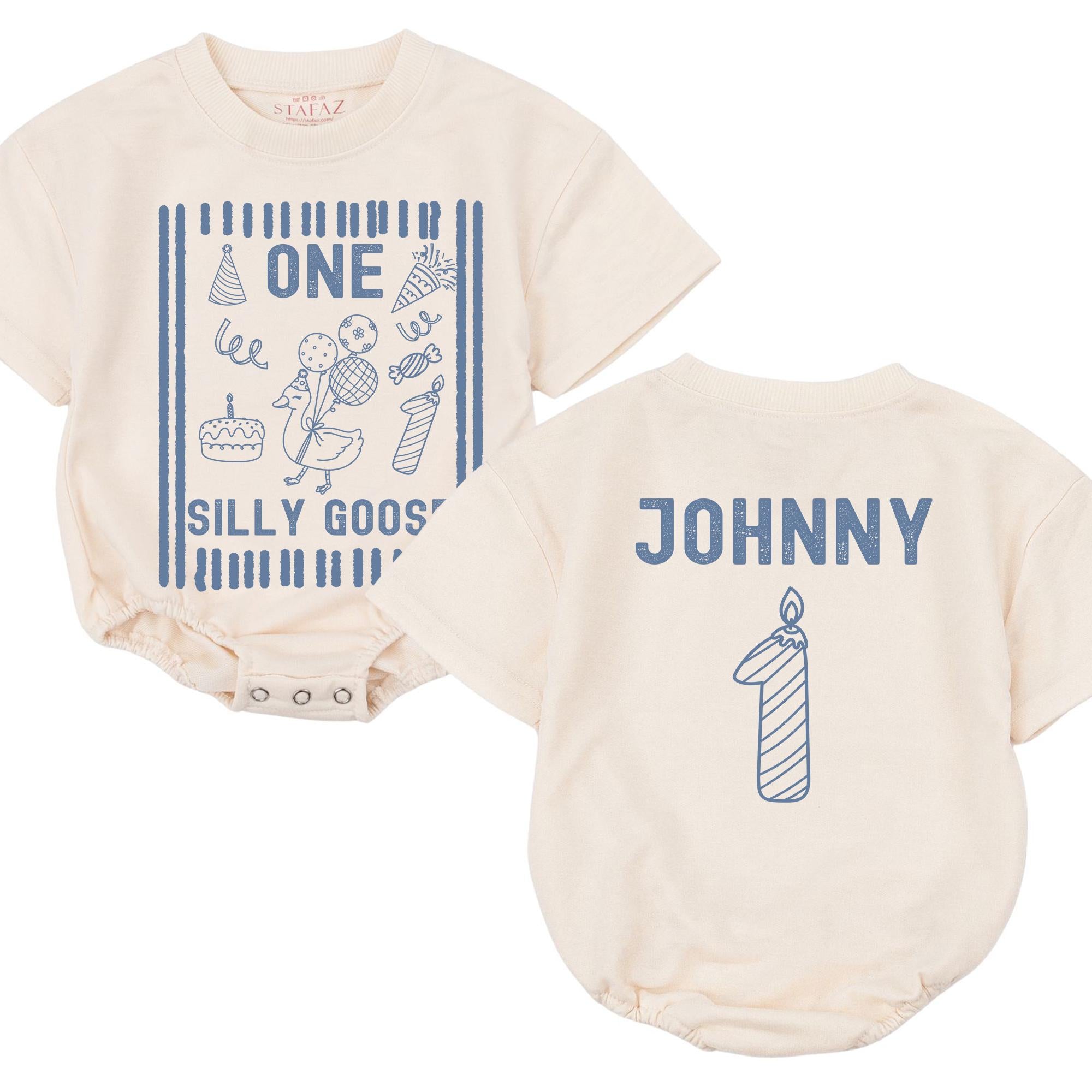 One Silly Goose Birthday Boy Romper Personalized First Birthday Outfit Baby Clothes with Party Hat Goose Balloon Design Fun Gift for Toddler