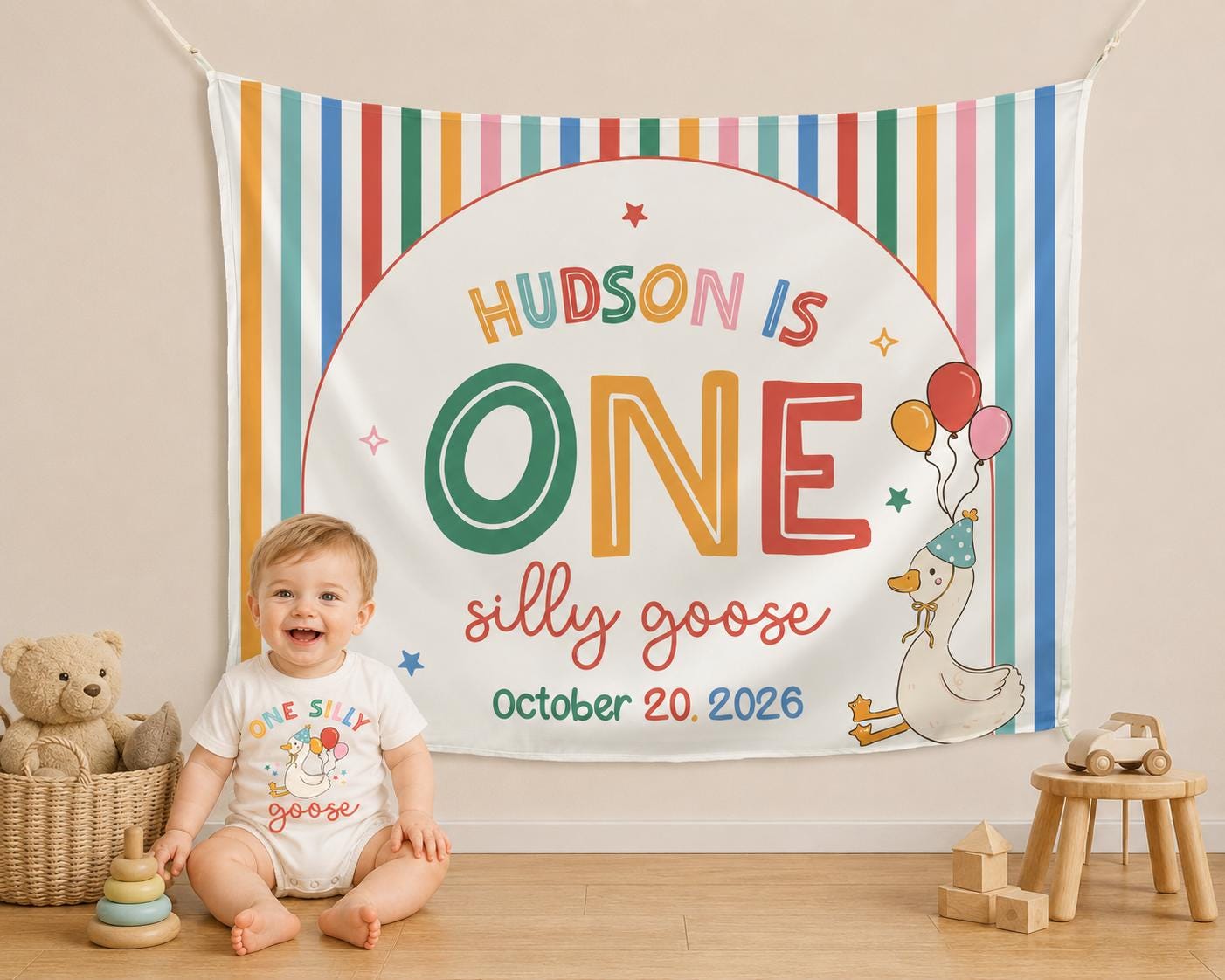 One Silly Goose First Birthday Banner Personalized Party Backdrop Cute Goose Theme 1st Birthday Decor Retro Design Custom Name Sign