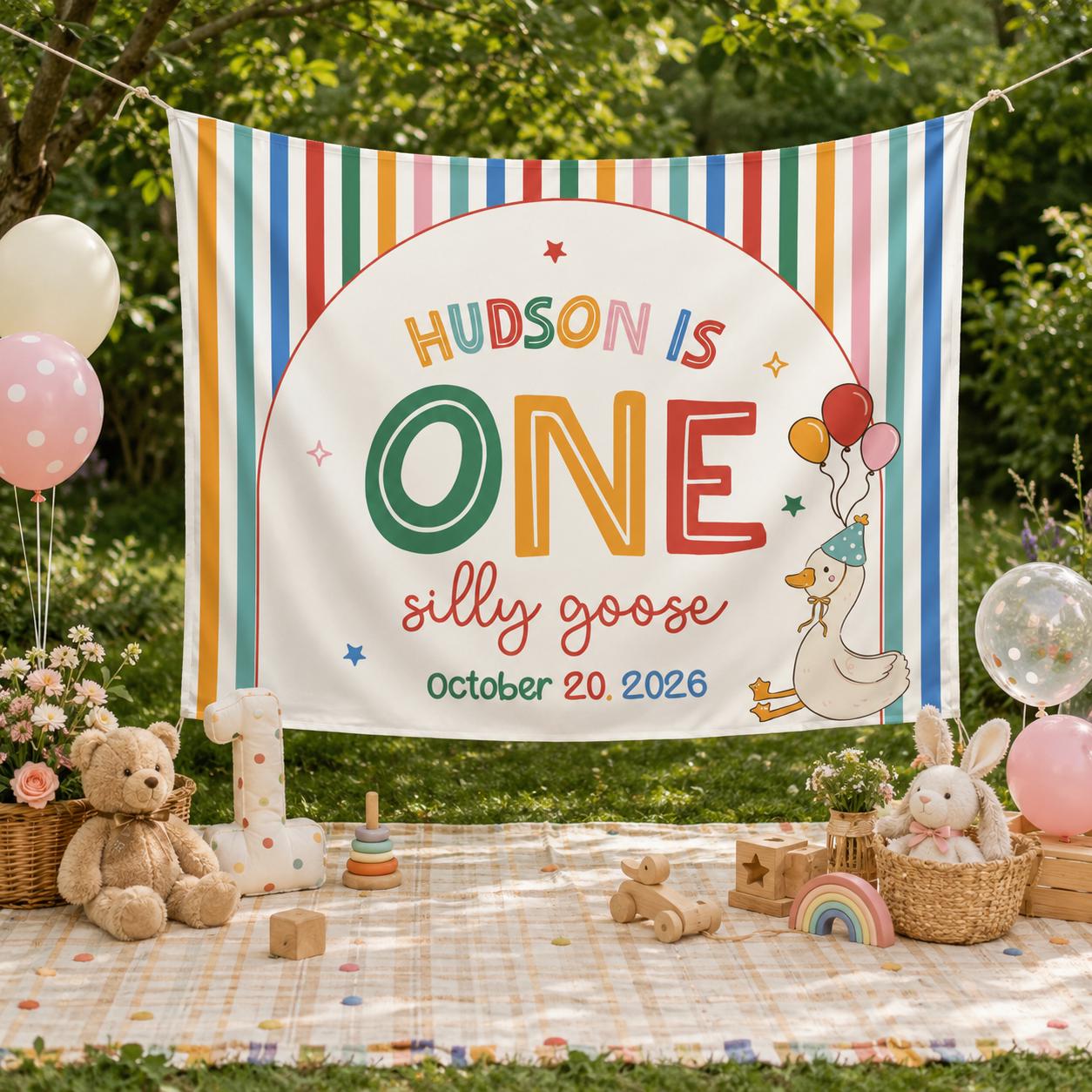 One Silly Goose First Birthday Banner Personalized Party Backdrop Cute Goose Theme 1st Birthday Decor Retro Design Custom Name Sign