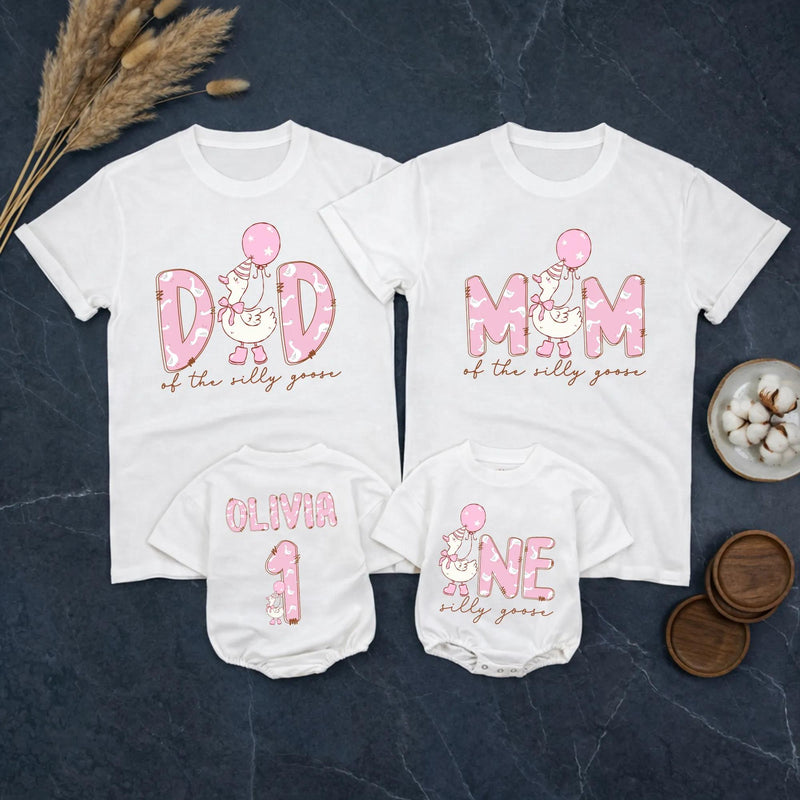 One Silly Goose First Birthday Girl Outfit, Custom Name Romper, Matching Family Party Shirts, Pastel Cartoon Goose Cake Smash Look
