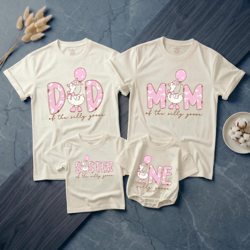 One Silly Goose First Birthday Girl Outfit, Custom Name Romper, Matching Family Party Shirts, Pastel Cartoon Goose Cake Smash Look