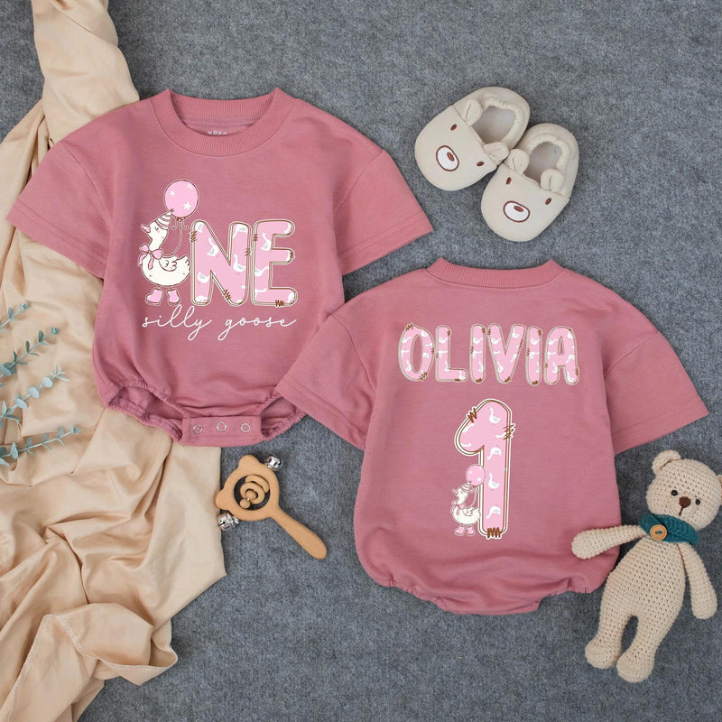 One Silly Goose First Birthday Girl Outfit, Custom Name Romper, Matching Family Party Shirts, Pastel Cartoon Goose Cake Smash Look