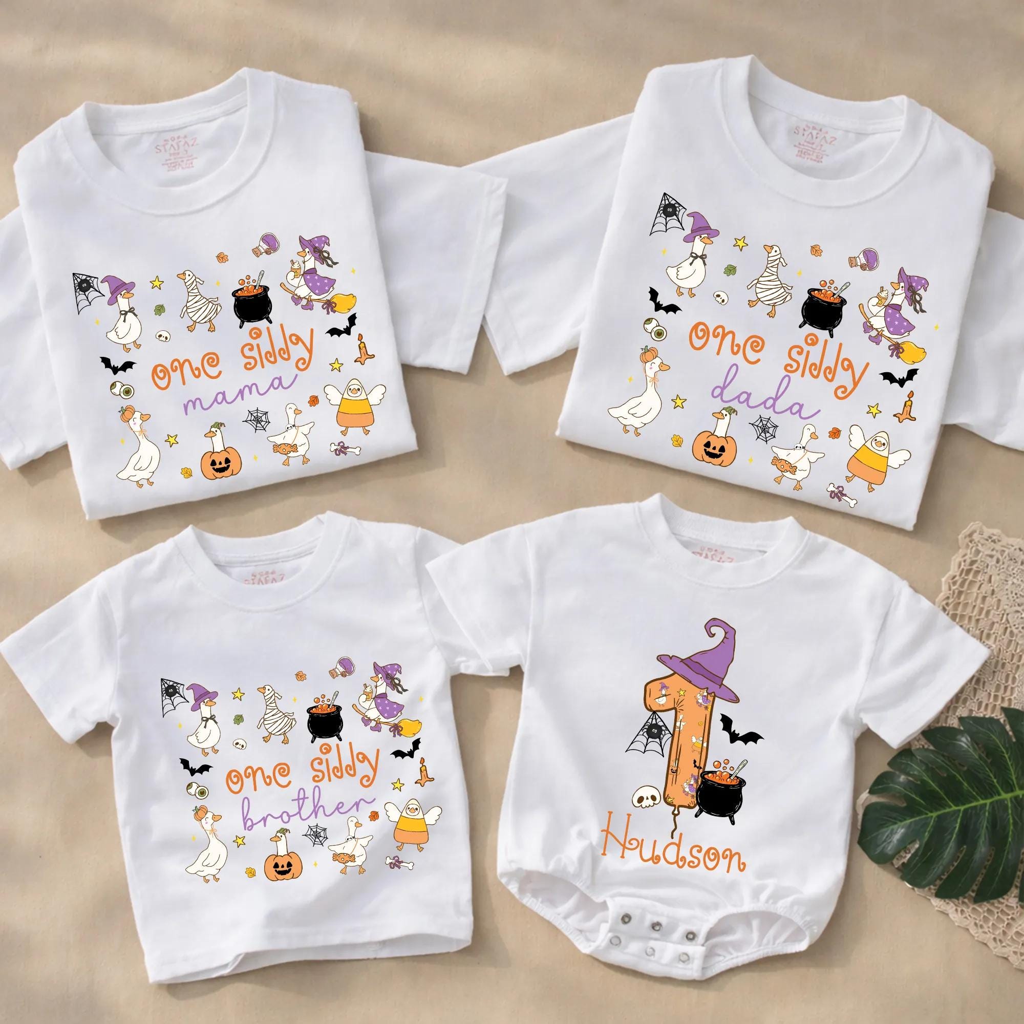 One Silly Goose Halloween Family Shirts with Custom Names, Matching Witchy Goose Outfits for Parents, Kids, and Babies