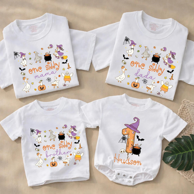 One Silly Goose Halloween Family Shirts with Custom Names, Matching Witchy Goose Outfits for Parents, Kids, and Babies