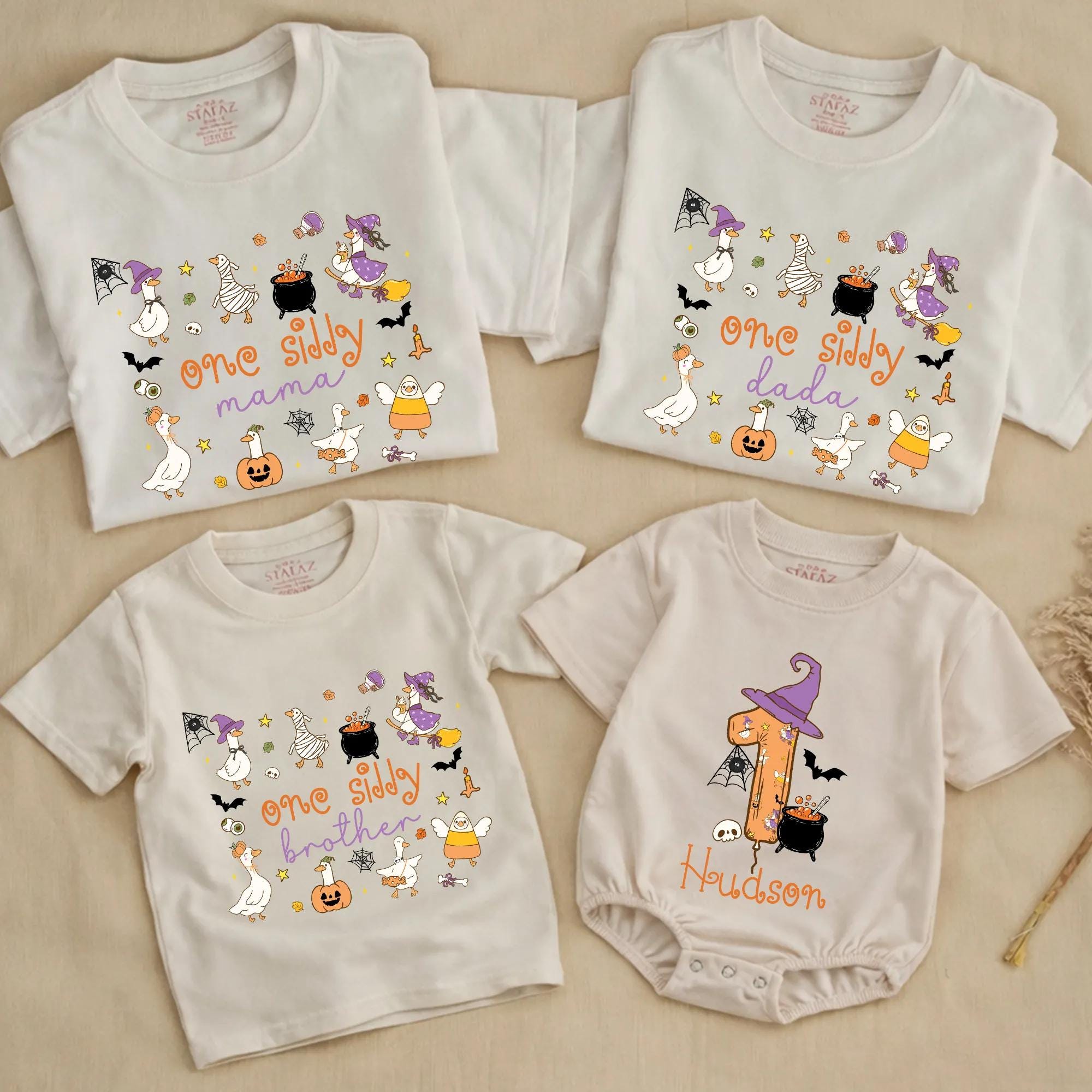 One Silly Goose Halloween Family Shirts with Custom Names, Matching Witchy Goose Outfits for Parents, Kids, and Babies