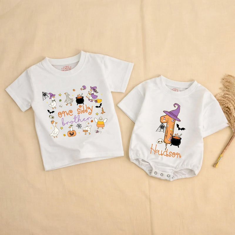 One Silly Goose Halloween Family Shirts with Custom Names, Matching Witchy Goose Outfits for Parents, Kids, and Babies