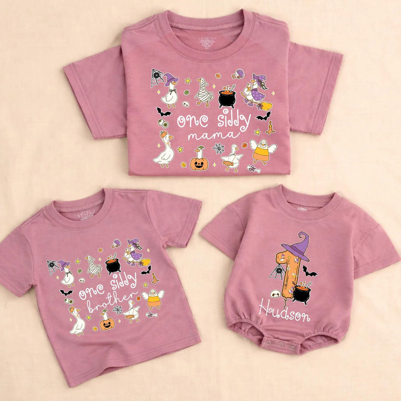 One Silly Goose Halloween Family Shirts with Custom Names, Matching Witchy Goose Outfits for Parents, Kids, and Babies