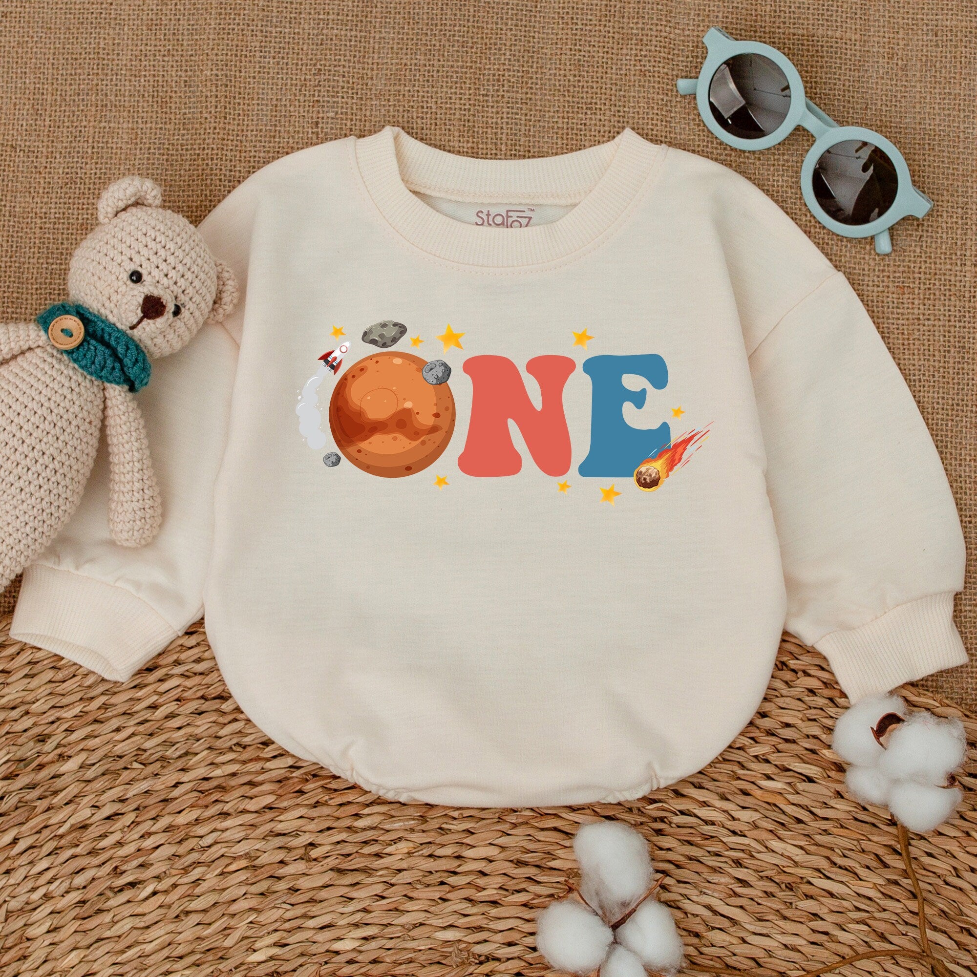 One Space-Themed First Birthday Romper with Colorful Letters Mars Planet Design Comet Stars Baby Boy Girl Party Outfit Cotton Soft Gift