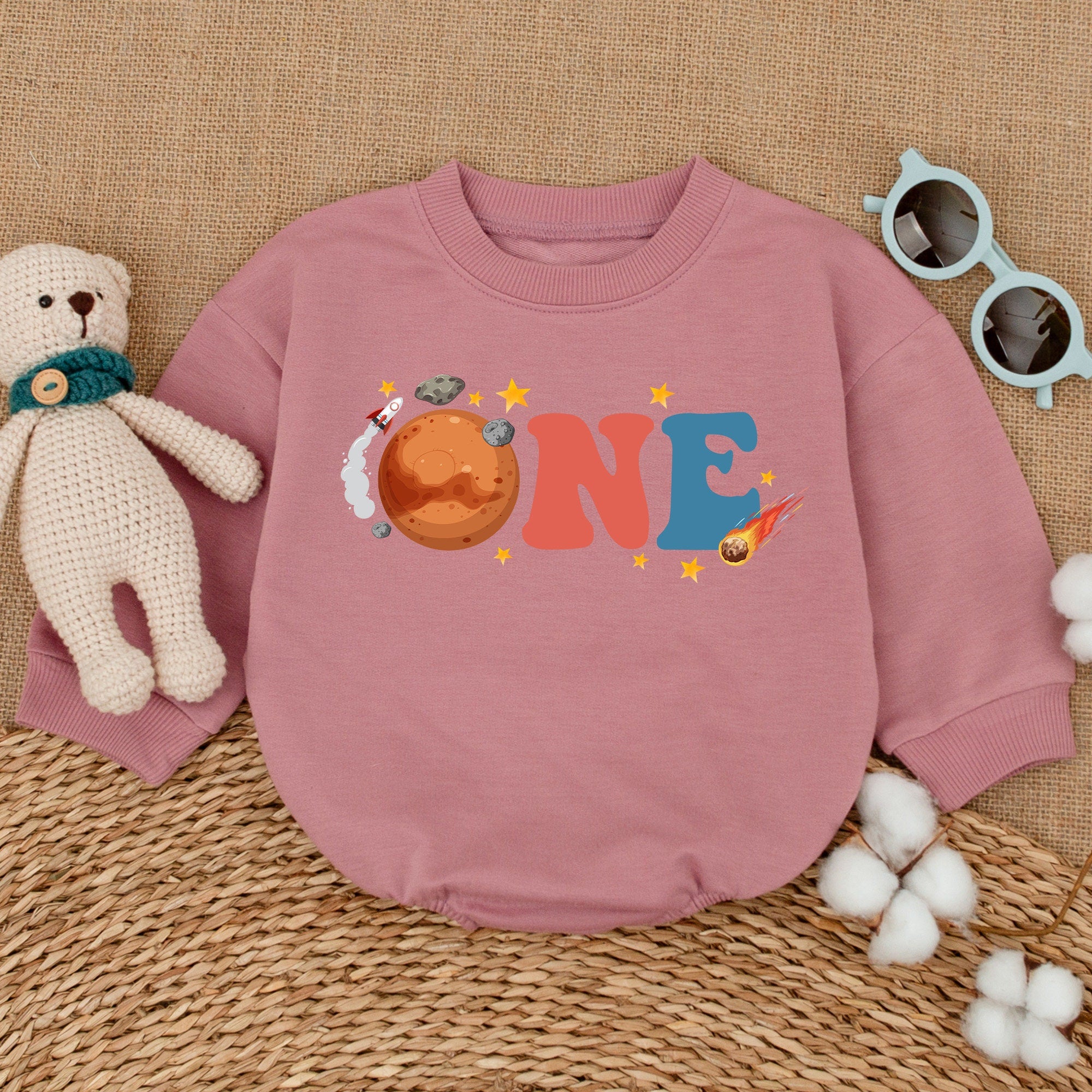 One Space-Themed First Birthday Romper with Colorful Letters Mars Planet Design Comet Stars Baby Boy Girl Party Outfit Cotton Soft Gift