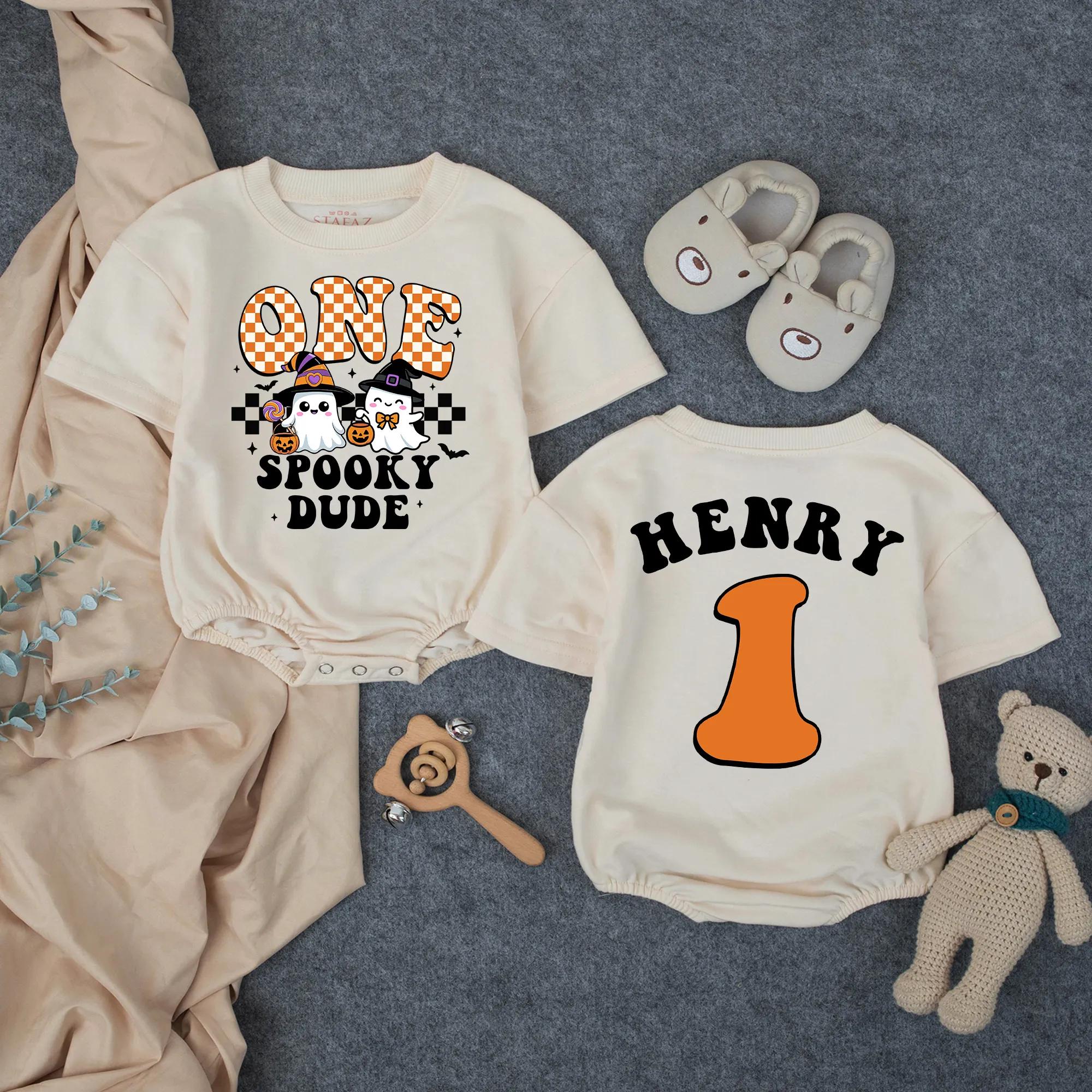 One Spooky Dude Baby Romper with Custom Name, Halloween Birthday Boy Outfit, Cute Fall Pumpkin Patch Infant Shirt Gift