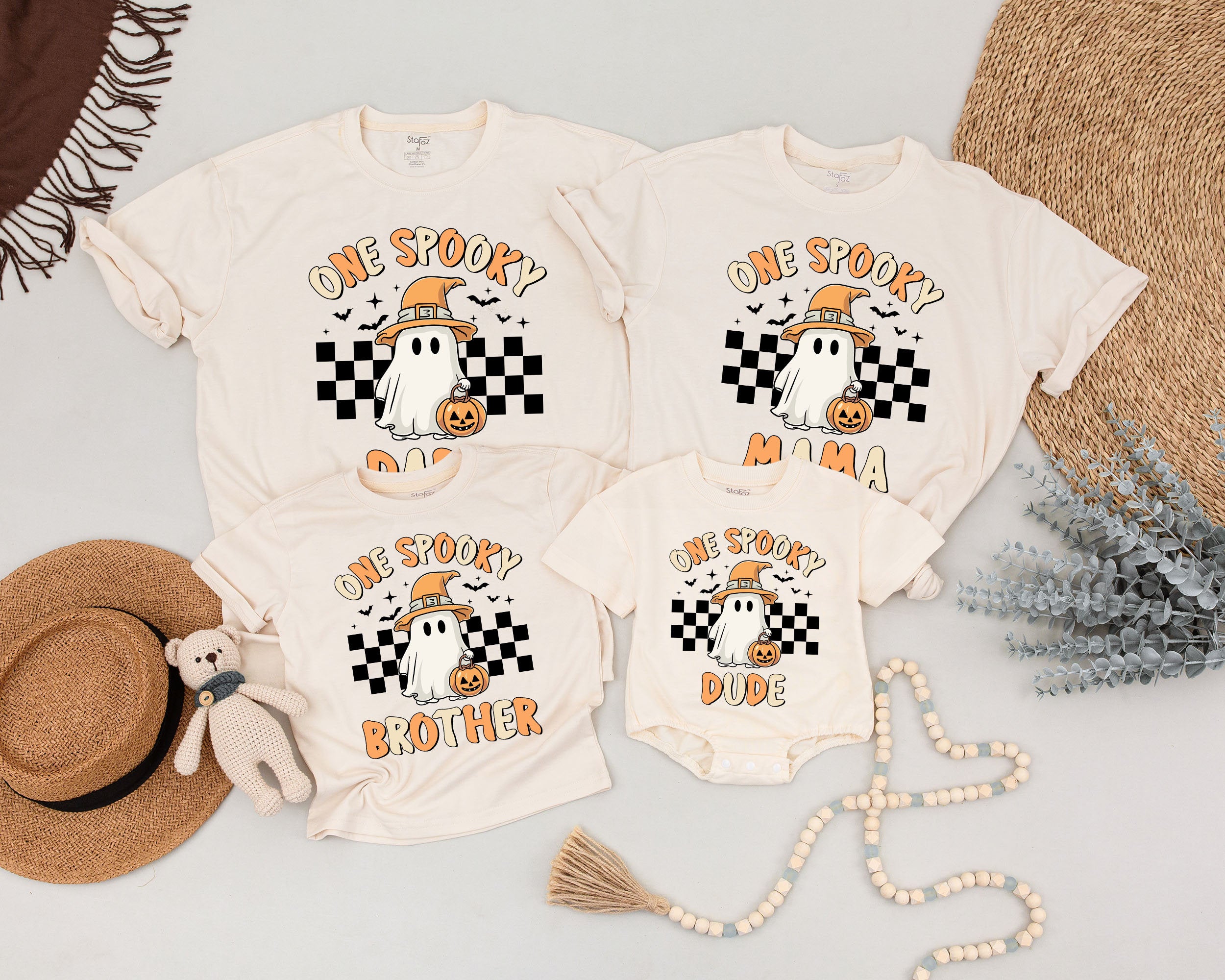 One Spooky Dude Retro Halloween Family Shirts Vintage Ghost Design Custom Names Matching Cotton Baby Toddler Costume Outfit