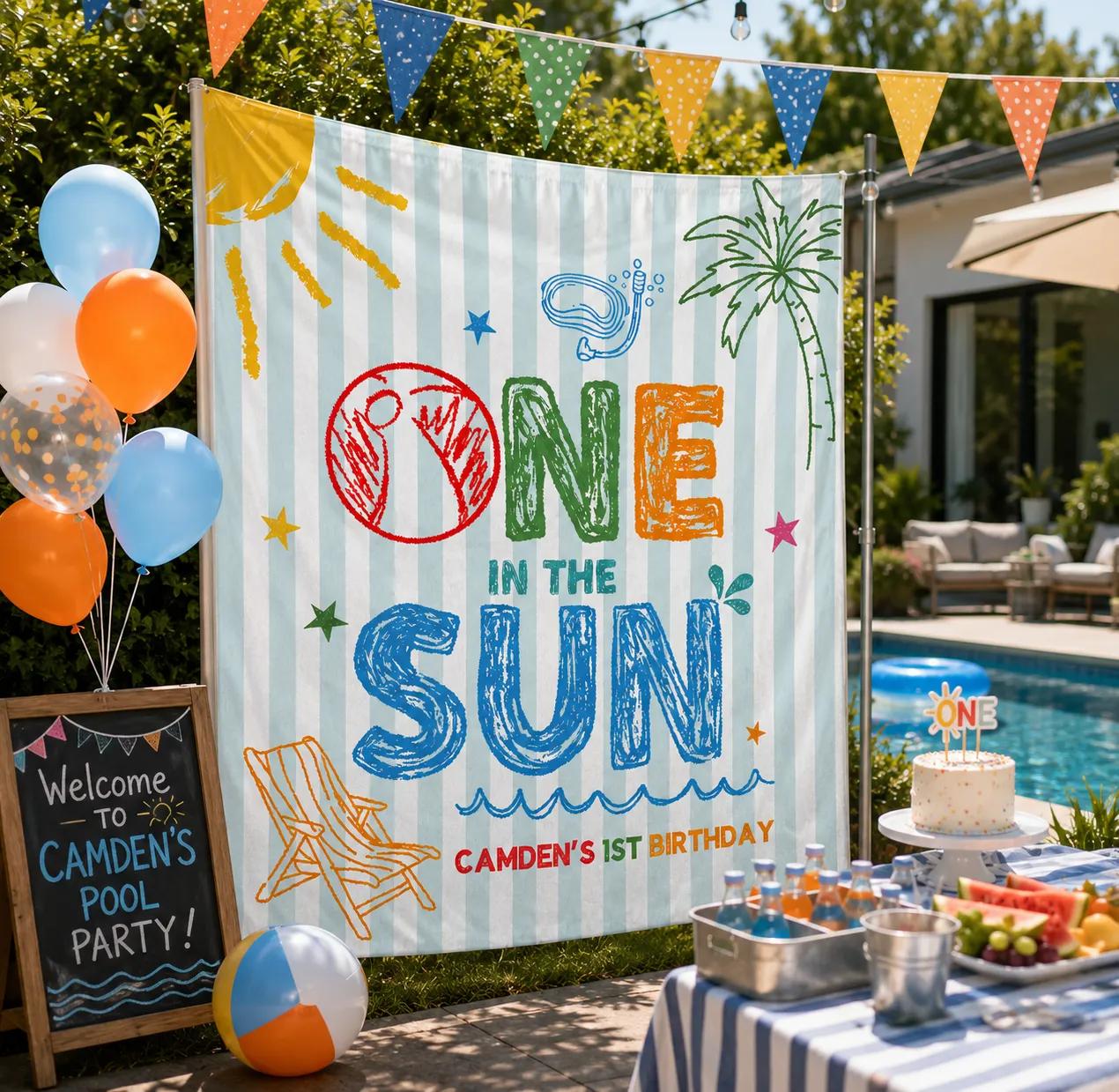 One in the Sun 1st Birthday Romper and Banner, Personalized Summer Pool Party Backdrop, Custom Name Beach Birthday Decor for Baby or Toddler