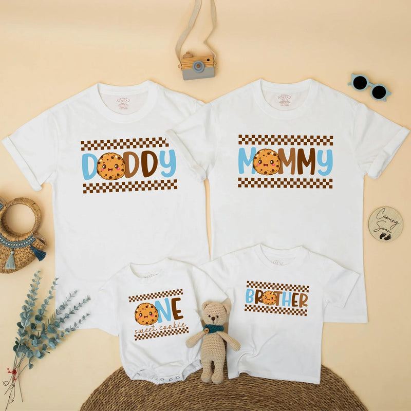 One Sweet Boy 1st Birthday Cookie Theme Shirt Family Outfit Custom Toddler Tee Light Blue Brown Checkered Pattern Celebratory Design