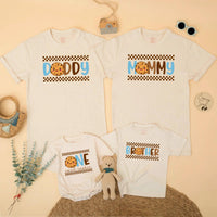One Sweet Boy 1st Birthday Cookie Theme Shirt Family Outfit Custom Toddler Tee Light Blue Brown Checkered Pattern Celebratory Design