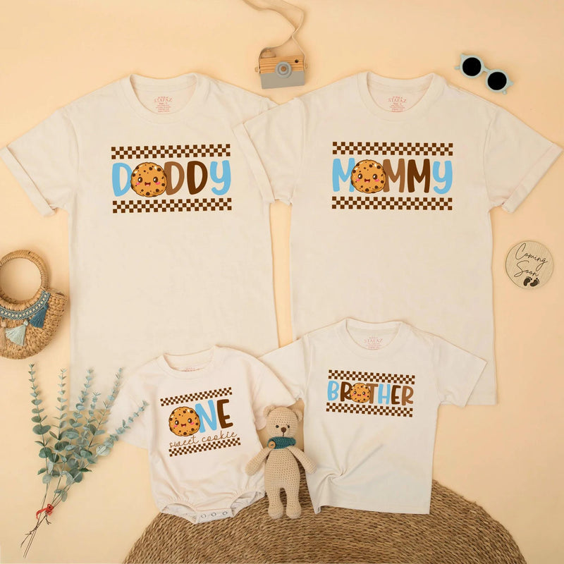 One Sweet Boy 1st Birthday Cookie Theme Shirt Family Outfit Custom Toddler Tee Light Blue Brown Checkered Pattern Celebratory Design