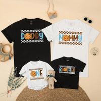One Sweet Boy 1st Birthday Cookie Theme Shirt Family Outfit Custom Toddler Tee Light Blue Brown Checkered Pattern Celebratory Design