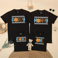 One Sweet Boy 1st Birthday Cookie Theme Shirt Family Outfit Custom Toddler Tee Light Blue Brown Checkered Pattern Celebratory Design