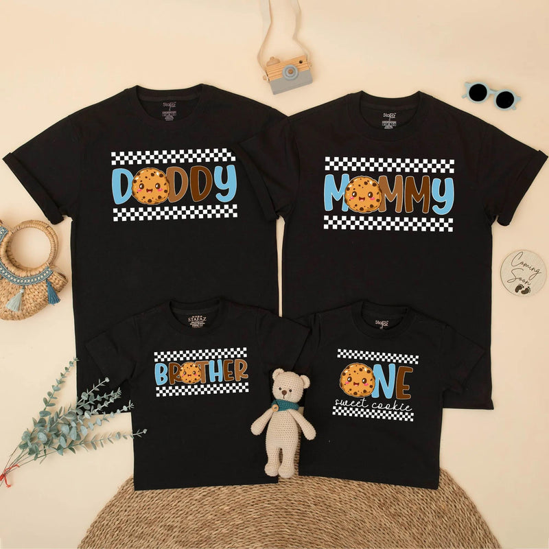One Sweet Boy 1st Birthday Cookie Theme Shirt Family Outfit Custom Toddler Tee Light Blue Brown Checkered Pattern Celebratory Design