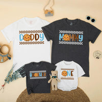 One Sweet Boy 1st Birthday Cookie Theme Shirt Family Outfit Custom Toddler Tee Light Blue Brown Checkered Pattern Celebratory Design