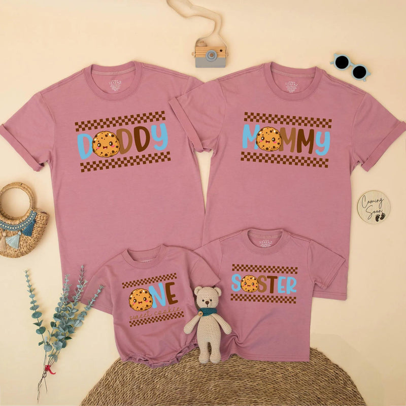 One Sweet Boy 1st Birthday Cookie Theme Shirt Family Outfit Custom Toddler Tee Light Blue Brown Checkered Pattern Celebratory Design