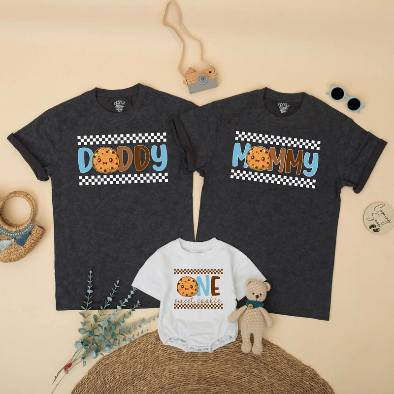 One Sweet Boy 1st Birthday Cookie Theme Shirt Family Outfit Custom Toddler Tee Light Blue Brown Checkered Pattern Celebratory Design