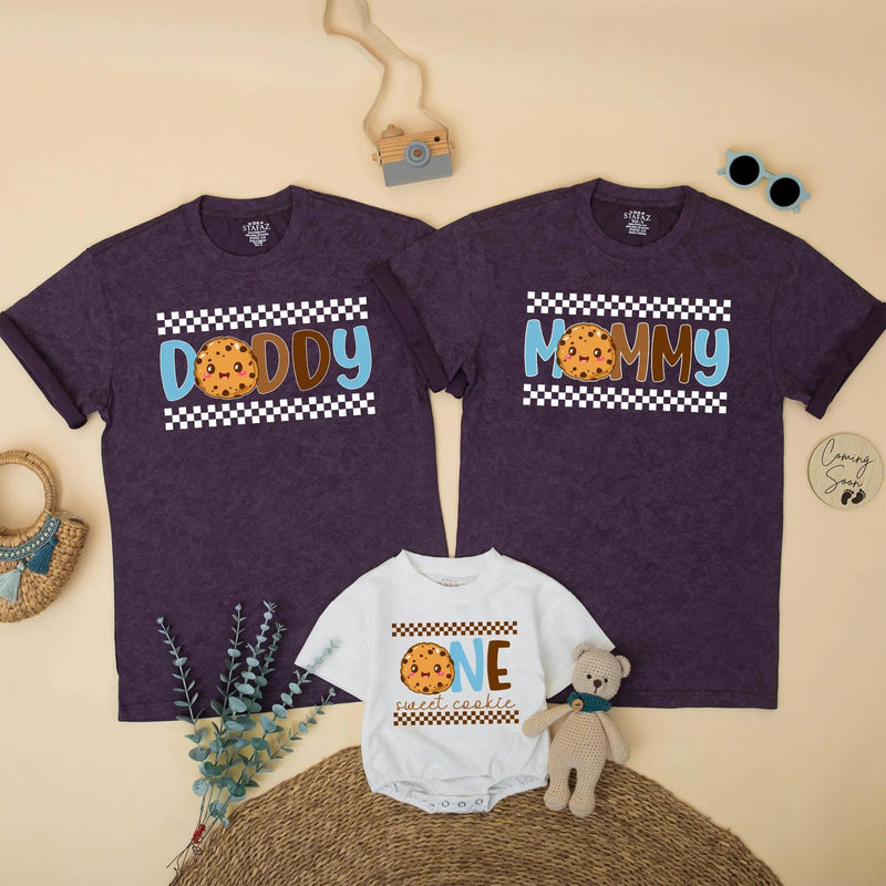 One Sweet Boy 1st Birthday Cookie Theme Shirt Family Outfit Custom Toddler Tee Light Blue Brown Checkered Pattern Celebratory Design
