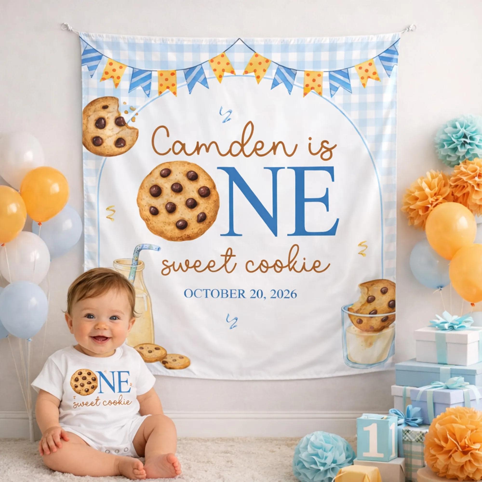 One Sweet Cookie 1st Birthday Outfit for Baby Boy with Personalized Romper and Silk Banner, Milk and Cookie Party Decor Gift