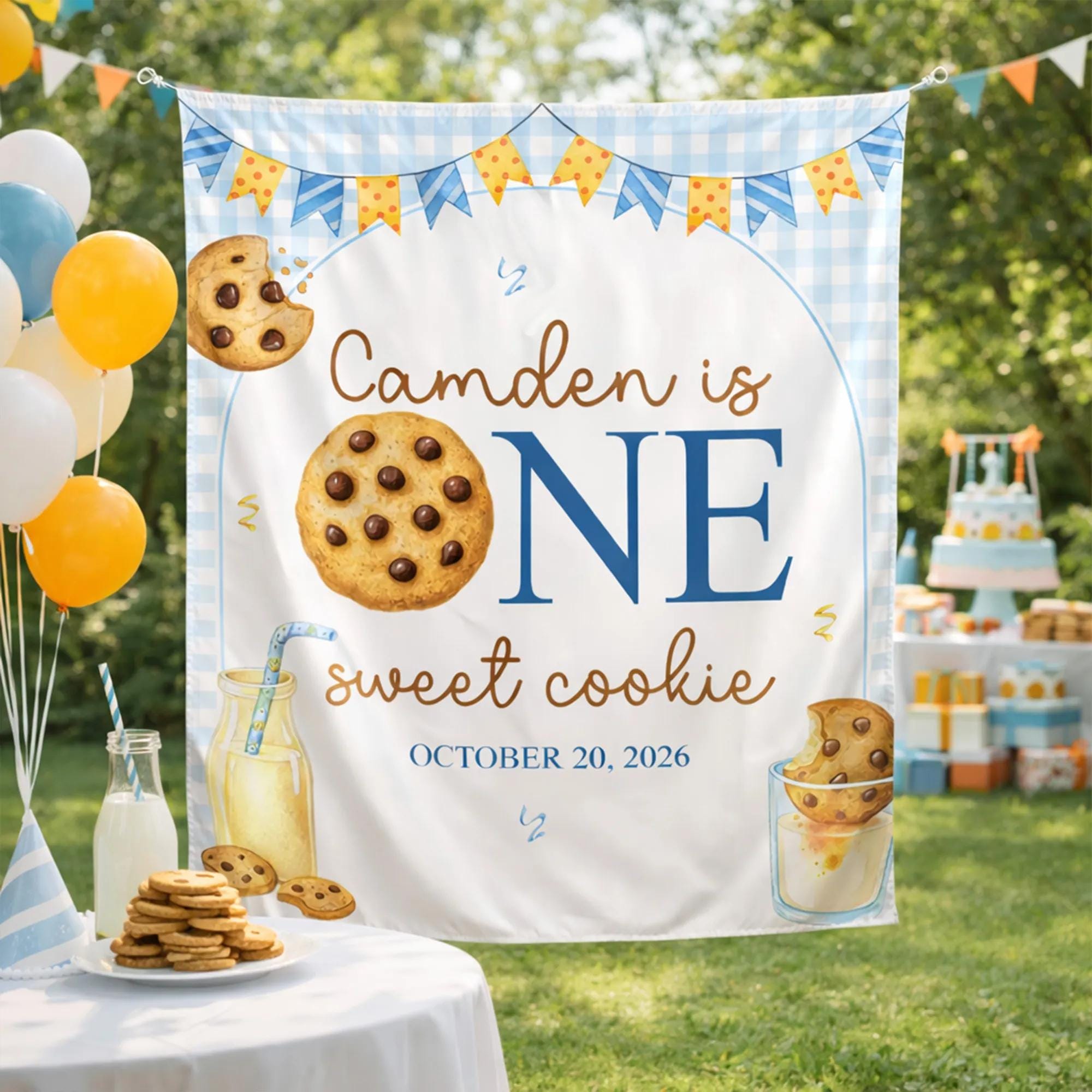 One Sweet Cookie 1st Birthday Outfit for Baby Boy with Personalized Romper and Silk Banner, Milk and Cookie Party Decor Gift