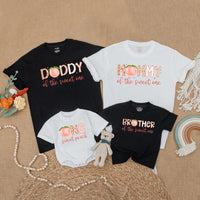 One Sweet Peach Family Matching Shirts for First Birthday Celebration Soft Cotton Customizable Outfit with Peach Graphic Design
