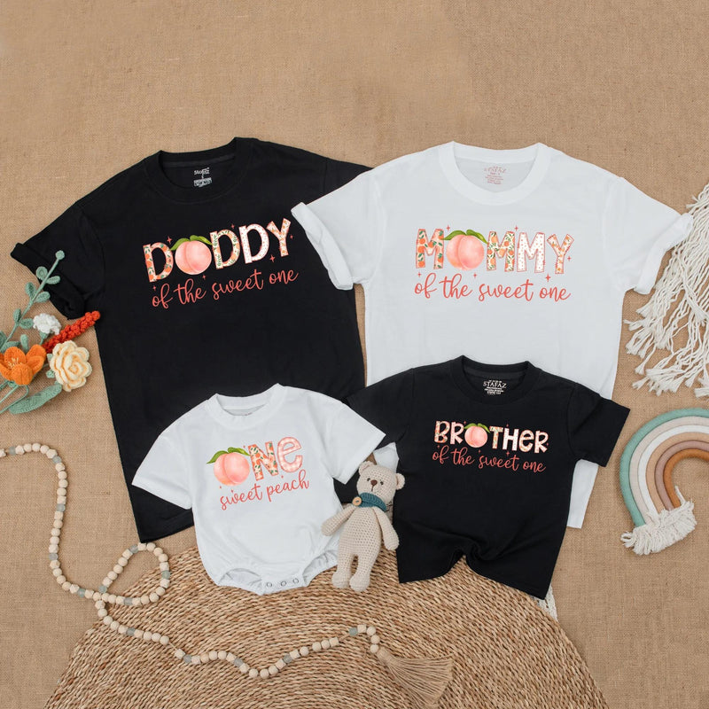 One Sweet Peach Family Matching Shirts for First Birthday Celebration Soft Cotton Customizable Outfit with Peach Graphic Design